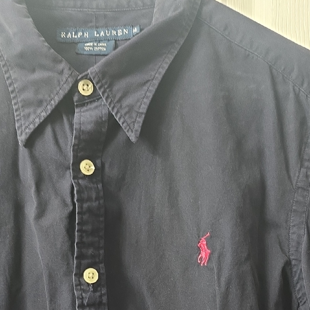 Ralph Lauren Navy Blue Button Down Shirt with Red Logo